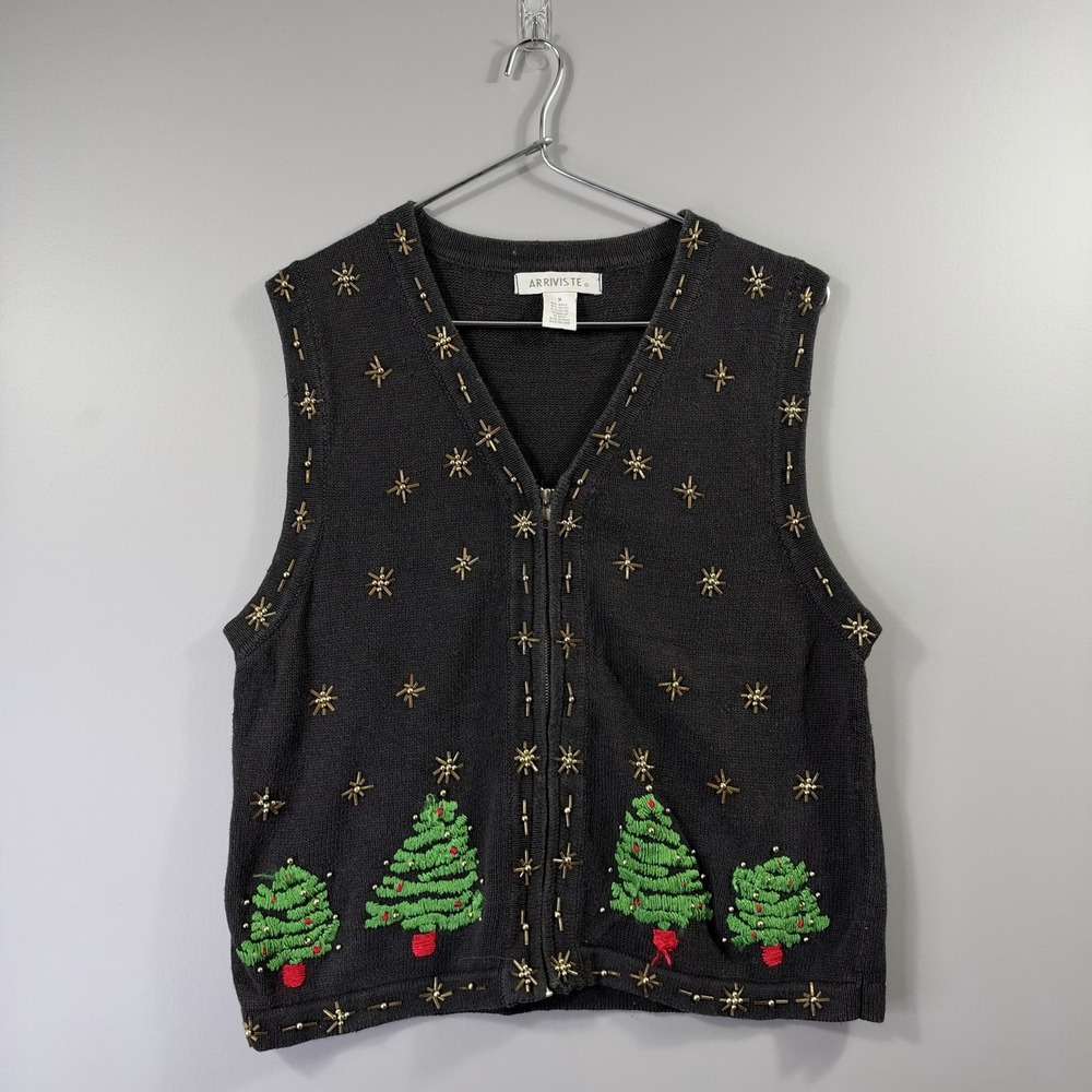 Arriviste Sweater Vest Womens Medium Black Christmas Tree Beaded Knit